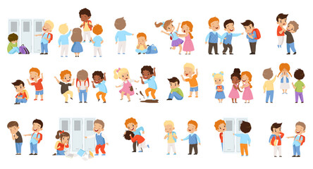 Wall Mural - Kids bullying weakers big set. Boys and girls mocking classmates, conflicts between children cartoon vector Illustration
