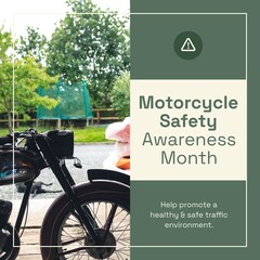 Poster - Composition of motorcycle safety awareness month text with motorcycle on green background