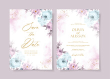Watercolor Wedding Invitation Template Set With Beautiful Blue Purple Floral And Leaves Decoration