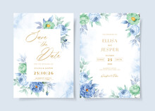 Watercolor Wedding Invitation Template Set With Green Blue Floral And Leaves Decoration