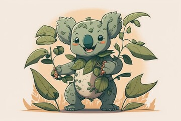 Sticker - Funny Grey Animal Character Illustration of a Koala Bear Having Fun with Eucalyptus Leaves. Generative AI