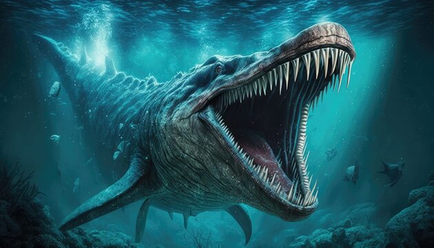 Sea monster open its mouth with teeth, fantasy underwater creature, generative AI
