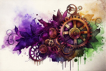 Wall Mural - A steampunk and Victorian-style painting of gears, cogs, leaves, and paint swatches