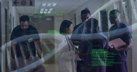 Poster - Animation of dna strand and medical data over diverse doctors in discussion in hospital corridor