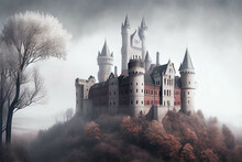 A Mysterious Castle In A Foggy Landscape, With A Magical Atmosphere - Generative AI