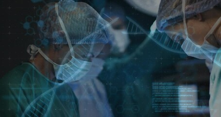 Poster - Animation of dna strand and medical data over diverse female surgeons operating on patient