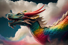 A Majestic Dragon Soaring Across A Sky Filled With Swirling Clouds And A Rainbow Of Colors - Generative AI