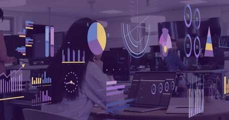 Poster - Animation of financial data processing over biracial businesswoman in office