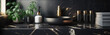 Elegant bathroom interior with different toiletries on black gold marble countertop and modern vessel sink. digital ai art