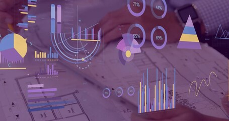 Poster - Animation of statistics and financial data processing over caucasian man using tablet