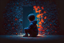 World Autism Awareness Day. Little Boy Sitting Before The Wall Made From Jigsaw Puzzle Pieces. Child Autism Concept. Generative AI