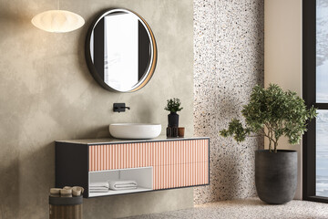 modern minimalist bathroom interior, modern pink bathroom cabinet, white sink, wooden vanity, interi