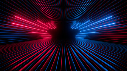 Fototapete - Sci Fy neon glowing lines in a dark tunnel. Reflections on the floor and ceiling. 3d rendering image. Abstract glowing lines. Techology futuristic background.