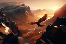 A Griffin Flying Over A Mountain Range At Sunset - Generative AI