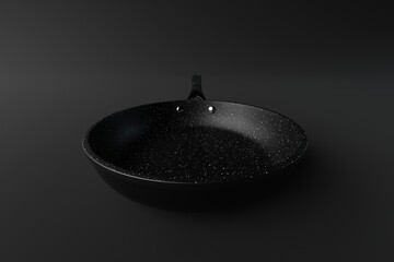 Canvas Print - Black frying pan on a dark background. The concept of frying, cooking. Buying equipment for the kitchen, dishes. 3d render.