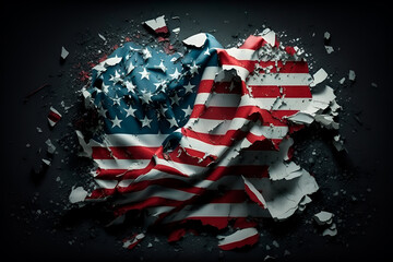 Crushed and torned painted American United states USA US flag, 3d illustration, Generative AI