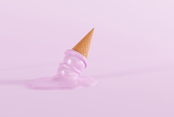 Canvas Print - Melted ice in a waffle on the ground and pink background. The concept of eating ice cream, cooling down. 3D render; 3D illustration.