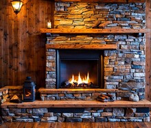 Fireplace And Wood Interior With Burning Candles