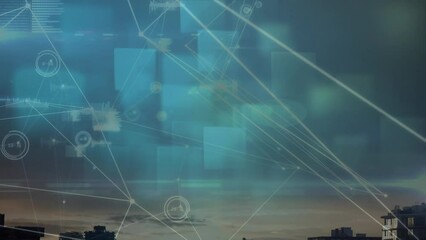 Poster - Animation of network of connections, data processing and square shapes over aerial view of cityscape