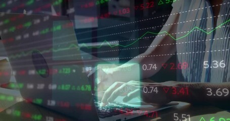 Poster - Animation of stock market data processing against caucasian woman using laptop at office