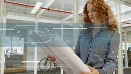 Poster - Animation of interface with data processing over caucasian woman working on her plan at office