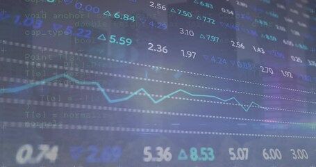 Poster - Animation of stock market data processing over light spot against blue background