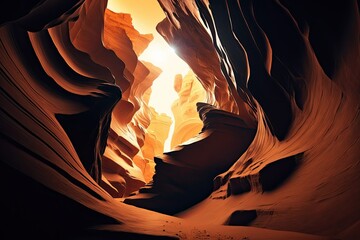 Sticker - An underground cavern in the Antelope canyon's orange sands. The Desert Canyon Cave. Generative AI