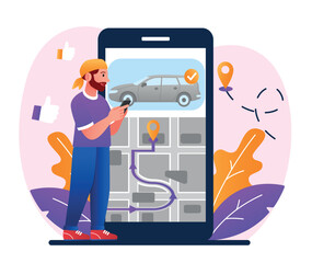 Poster - carsharing service concept. man with smartphone orders car, vehicle. travel and trip, driver. route 