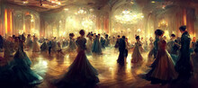 Historical Recreation Painting Of Medieval Costume Ball Inside Grand Palace. Interior Of Ballroom In An Aristocratic, Royal Party With Silhouettes Of People Dressed In Long Dresses In Victorian Art. M