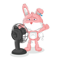 Sticker - pink bunny with the fan character. cartoon mascot vector