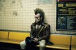 © Road Red Runner - A young adult waits at an urban station, dressed in 80s punk rock attire. Ai generated