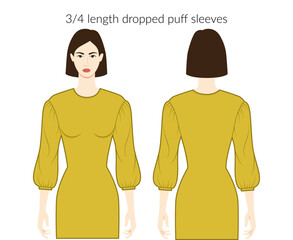 Wall Mural - Dropped puff sleeves clothes character lady in ochre top, shirt, dress technical fashion illustration with 3-4 bracelet length. Flat apparel template front, back sides. Women, men unisex CAD mockup