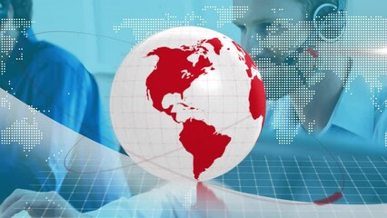 Poster - Animation of spinning globe and world map over caucasian man wearing phone headset working at office