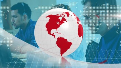 Poster - Animation of spinning globe and world map over caucasian man talking on phone headset at office