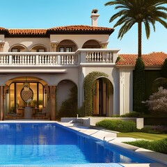 Wall Mural - Image of a luxury neo-mediterranean style house with a swimming pool and tennis court 1_SwinIRGenerative AI