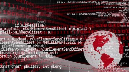 Poster - Animation of computer language over rotating globe and binary codes on black background