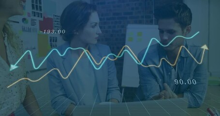 Wall Mural - Animation of statistical data processing over diverse colleagues discussing over laptop at office