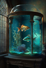 Photorealistic Ai Artwork Of A Artistic Designed Fish Tank With Fish And Cinematic Lighting. Generative Ai.