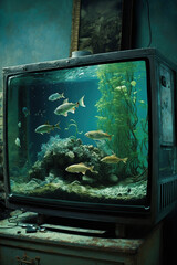 Wall Mural - Photorealistic ai artwork of a artistic designed fish tank with fish and cinematic lighting. Generative ai.