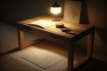 Sticker - Lighting, wooden table, and a single drawer. Generative AI