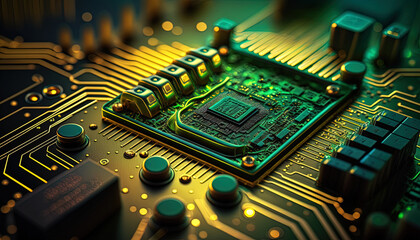 Electronic circuit board close up. Technology, motherboard, microchip, processor.