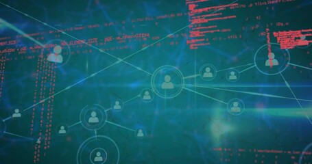 Poster - Animation of icons connected with lines over computer language against blue abstract pattern
