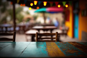 Wall Mural - Empty Table in a Mexican Restaurant with Blurred Restaurant Background (Created with Generative AI)