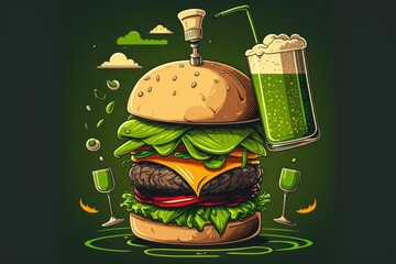 Poster - A drink of beer and some high end burgers. Generative AI