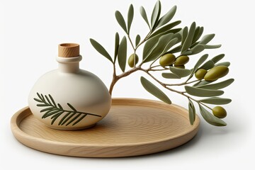 Wall Mural - Wooden table with a bottle of olive oil and an olive branch sitting on a handmade clay dish. Generative AI