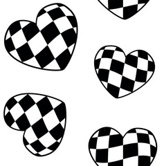 Wall Mural - Vector seamless pattern of groovy checkered chess board texture heart isolated on white background