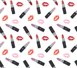 Wall Mural - Vector seamless pattern of hand drawn doodle sketch lipstick and lip kiss imprint isolated on white background