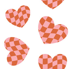 Wall Mural - Vector seamless pattern of pink groovy checkered chess board texture heart isolated on white background