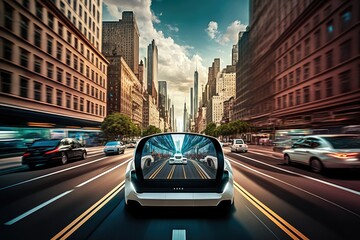 Poster - Self driving vehicle with heads up display (Head Up Display). Car driving itself down a metropolitan street. Generative AI