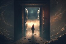The Introverts Path To Self-discovery, Man Opening The New Door. Concept Of Exploration Of Inner World And Self-Reflection, Created With Generative AI Technology
